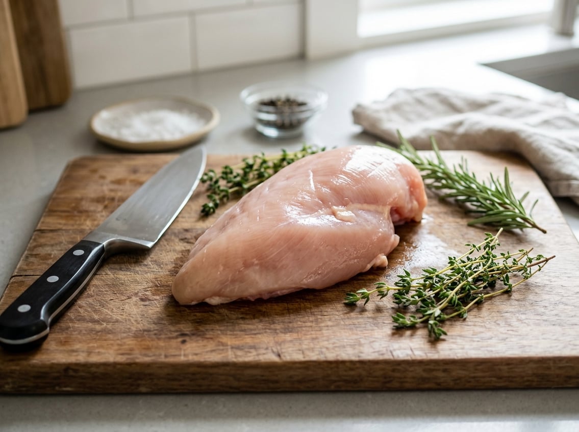 Raw boneless chicken breast on a wooden cutting board with a knife and fresh herbs nearby.