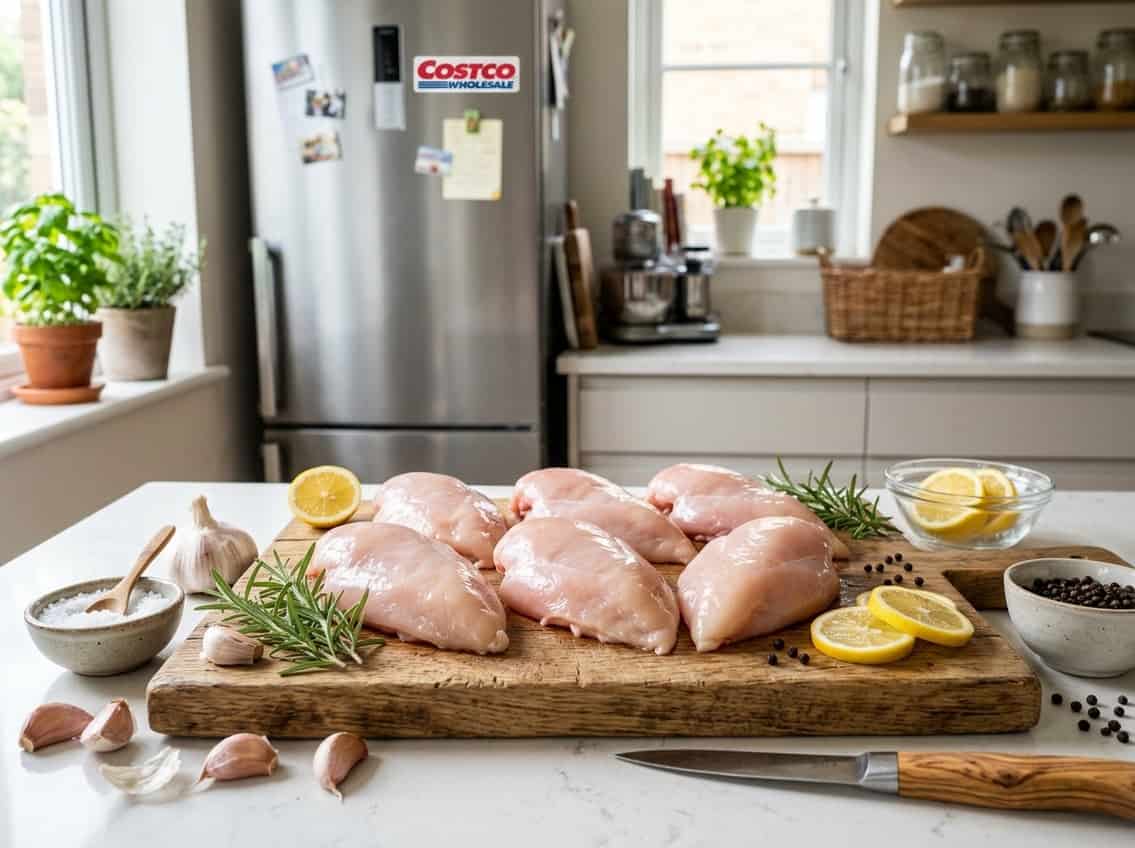 Fresh raw chicken breasts on a wooden cutting board surrounded by herbs, garlic, lemon slices, and salt in a bright kitchen with a refrigerator in the background.