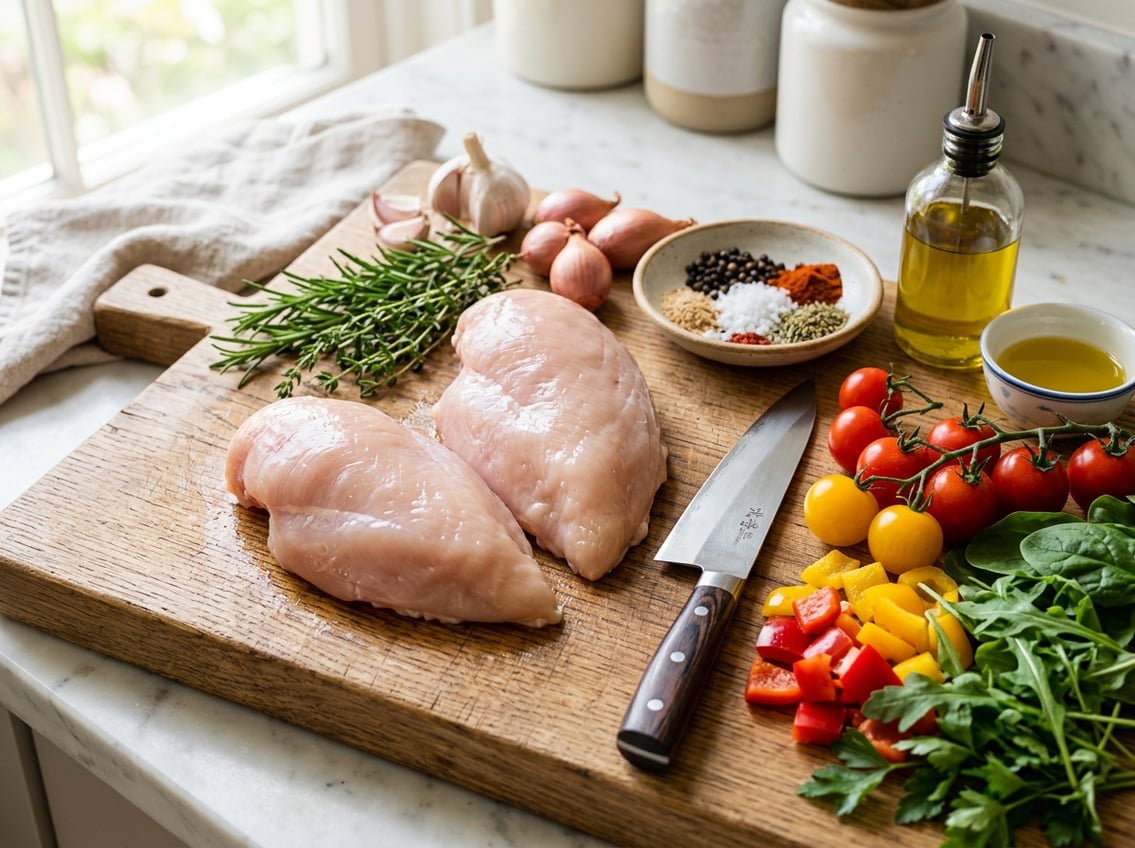 Raw chicken breasts on a wooden cutting board with fresh vegetables and herbs on a kitchen countertop.
