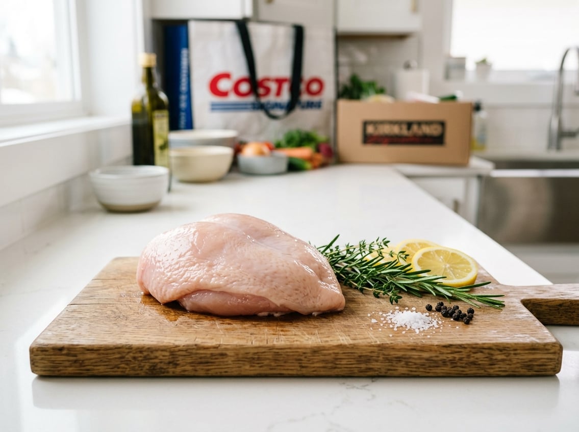 Raw chicken breast on a wooden cutting board with fresh herbs and lemon slices in a bright kitchen.