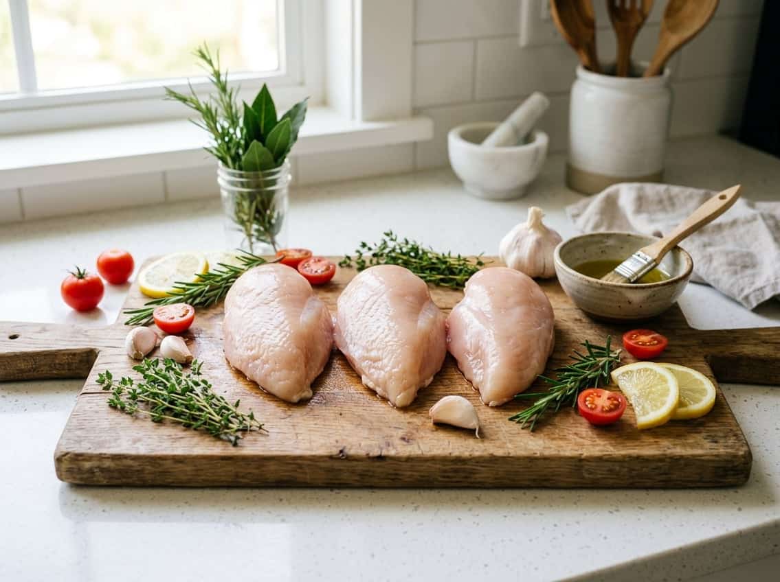 Raw chicken breasts on a wooden cutting board surrounded by fresh herbs, garlic, tomatoes, and lemon slices on a kitchen countertop.