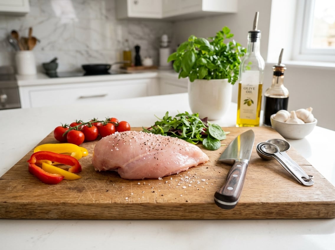 Raw chicken breast on a cutting board surrounded by fresh vegetables and kitchen utensils in a bright kitchen.