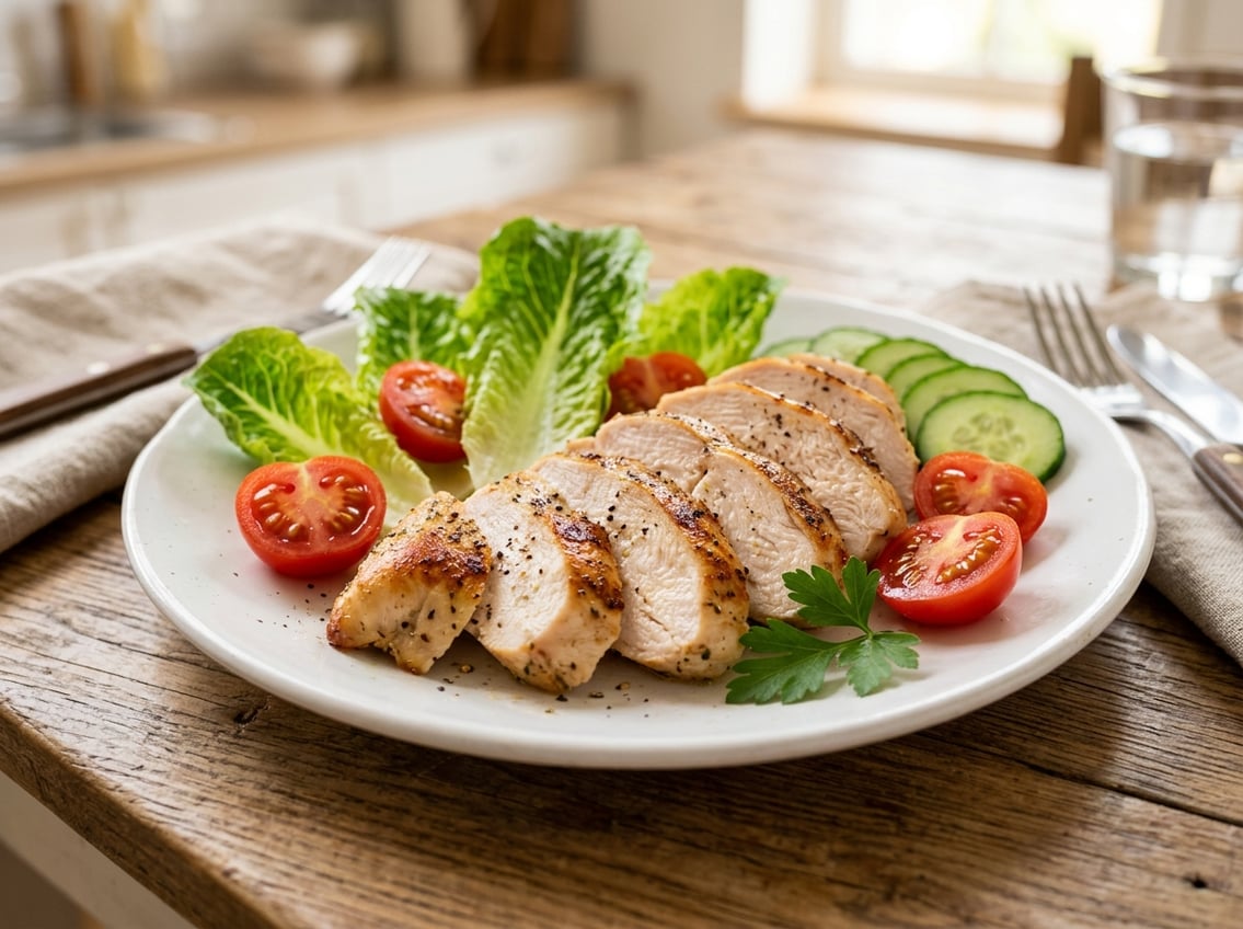 A plate with sliced cooked chicken breast surrounded by fresh vegetables including cherry tomatoes, lettuce, and cucumber.