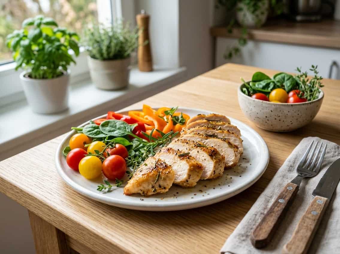 A plate of sliced cooked chicken breast surrounded by fresh herbs and colorful vegetables.