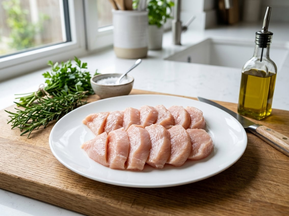 Fresh raw chicken breast slices arranged on a white plate with herbs and kitchen items on a countertop.