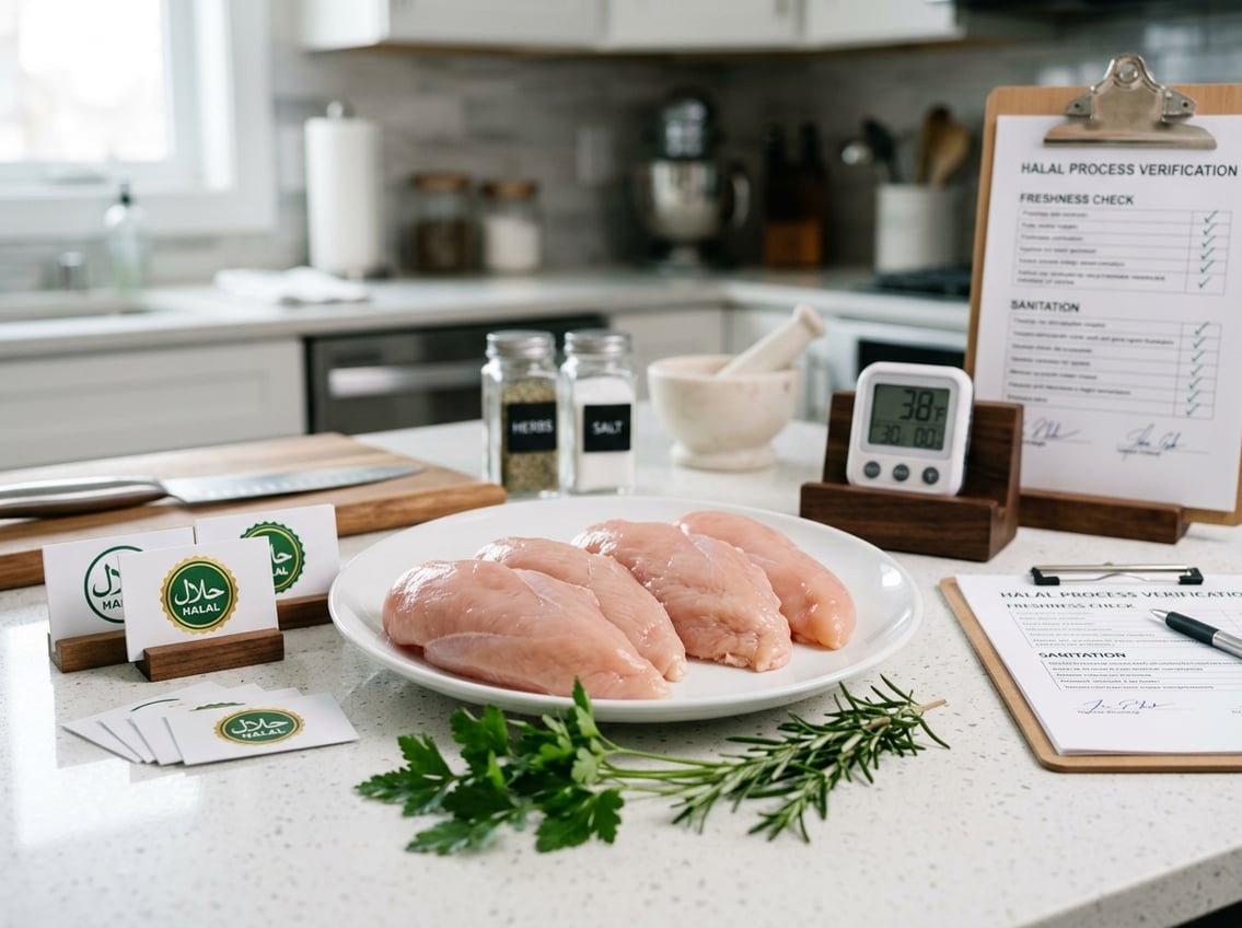 Fresh raw chicken breasts on a white plate with halal certification cards and kitchen tools on a countertop.