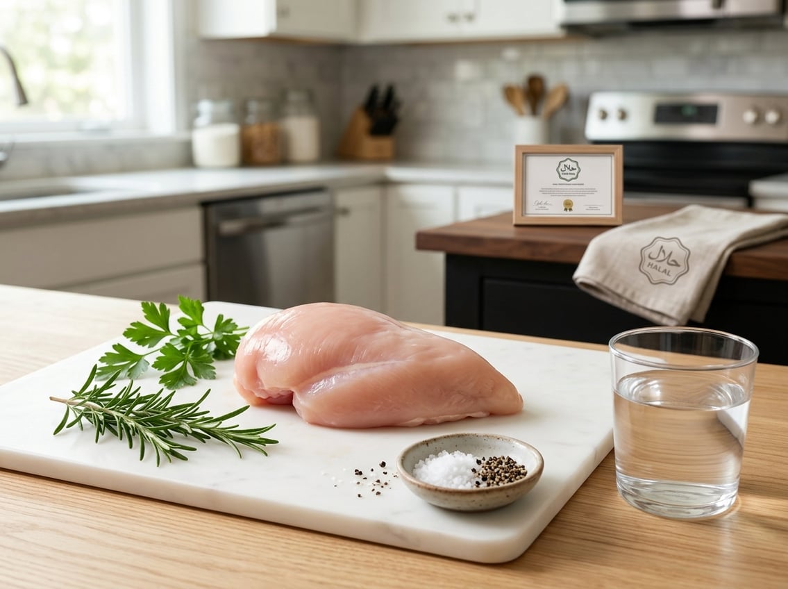 Fresh raw chicken breast on a white cutting board with herbs and spices in a bright kitchen.