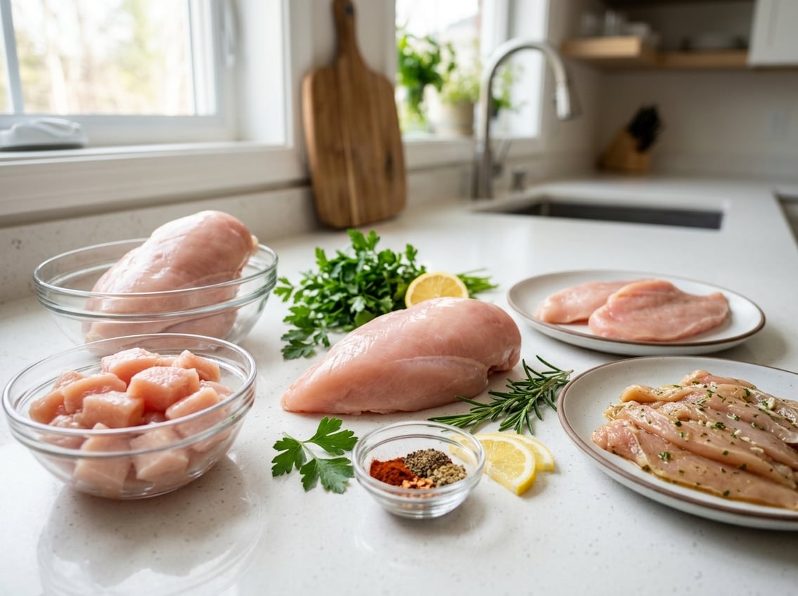 Fresh raw don chicken breast and other halal chicken breast cuts displayed on a kitchen countertop with herbs, lemon slices, and spices.