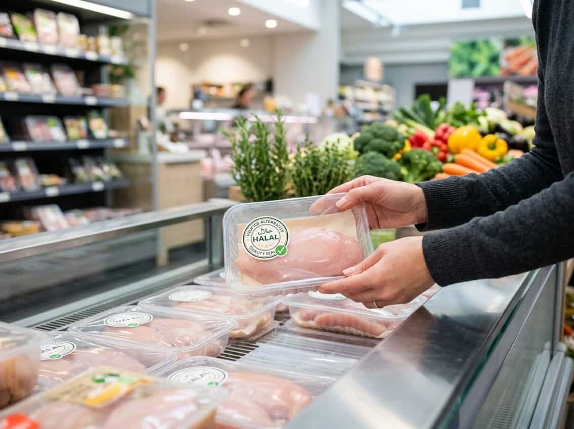 A person selecting a fresh packaged halal chicken breast from a refrigerated display in a bright kitchen setting with fresh vegetables nearby.