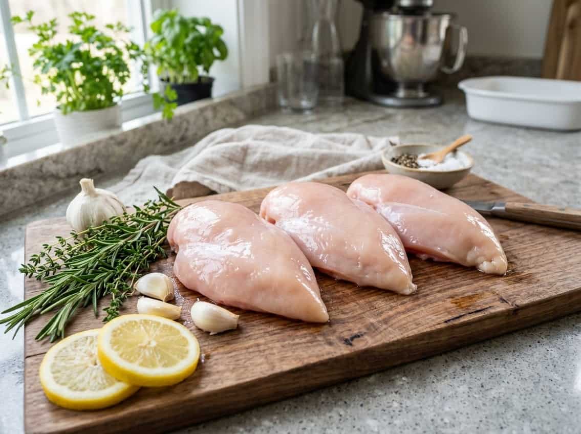 Fresh raw chicken breasts on a wooden cutting board with herbs, garlic, and lemon slices on a kitchen countertop.