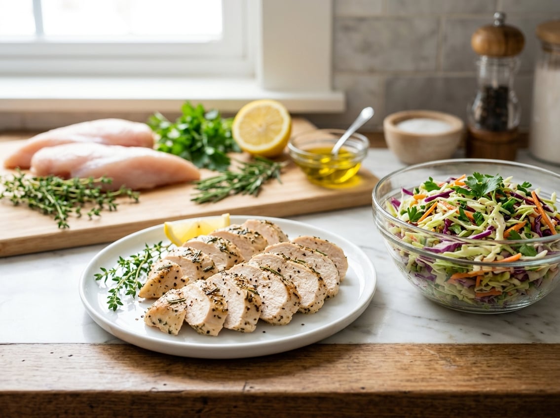A plate of sliced cooked chicken breast next to a bowl of fresh coleslaw salad on a kitchen countertop with fresh ingredients around.