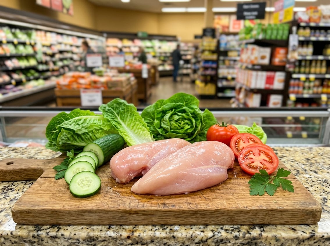 Fresh raw chicken breasts on a wooden cutting board with fresh vegetables and grocery store shelves in the background.