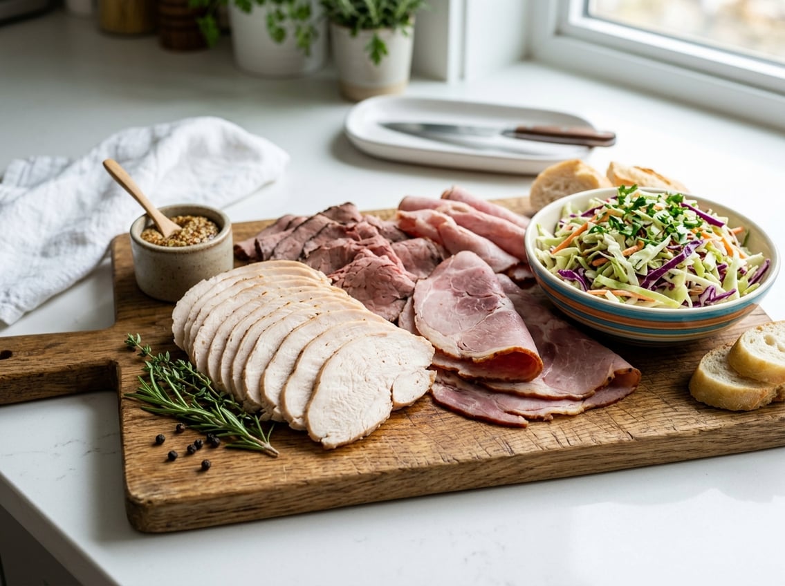 A selection of sliced chicken breast deli meat arranged with fresh coleslaw on a wooden board.