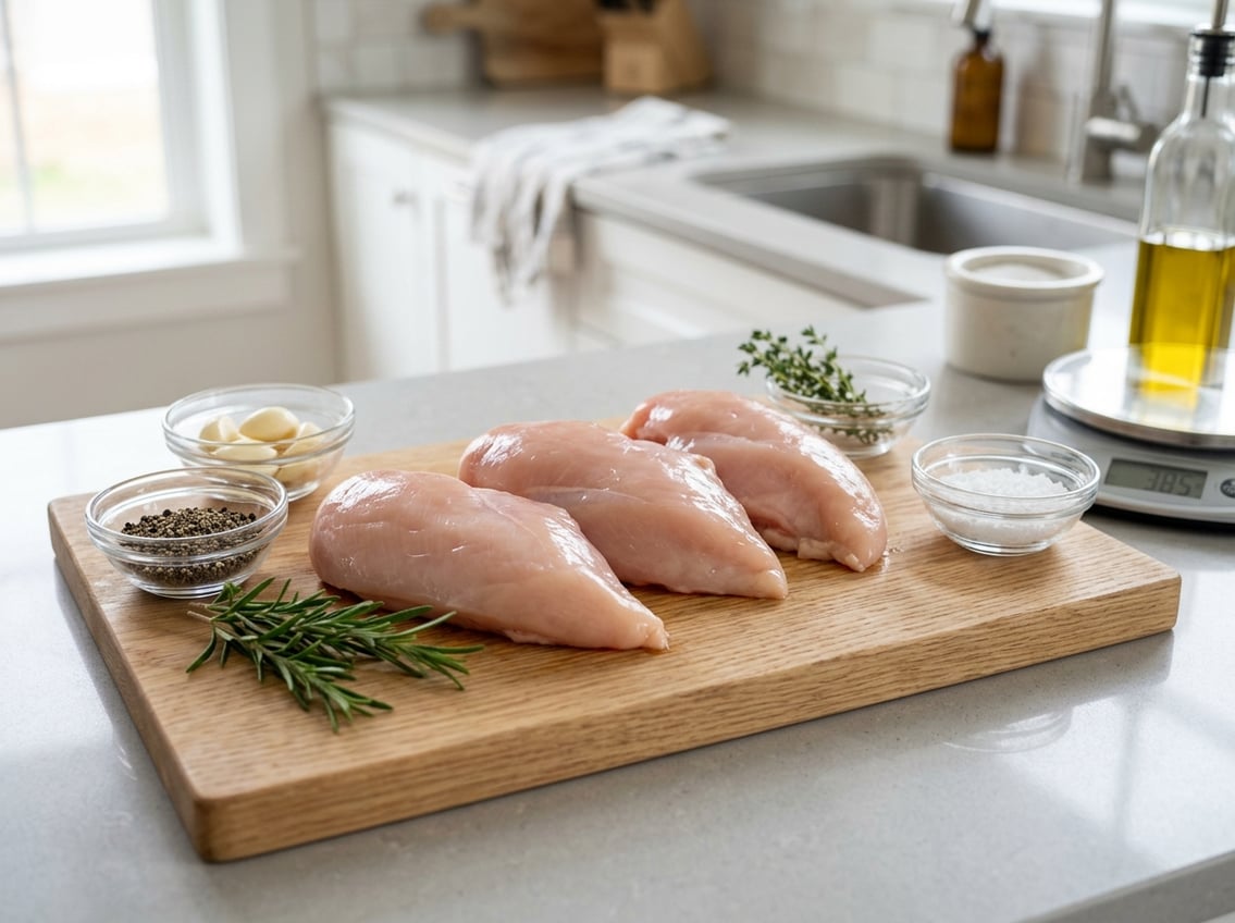 Fresh raw chicken breasts on a cutting board with spices and a kitchen scale in a kitchen setting.