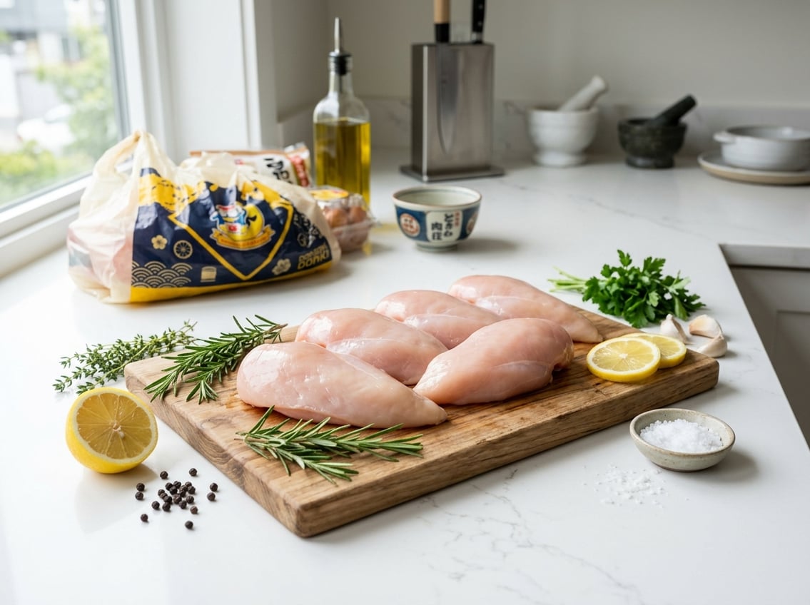 Fresh raw chicken breasts arranged on a kitchen countertop with herbs and lemon slices nearby.