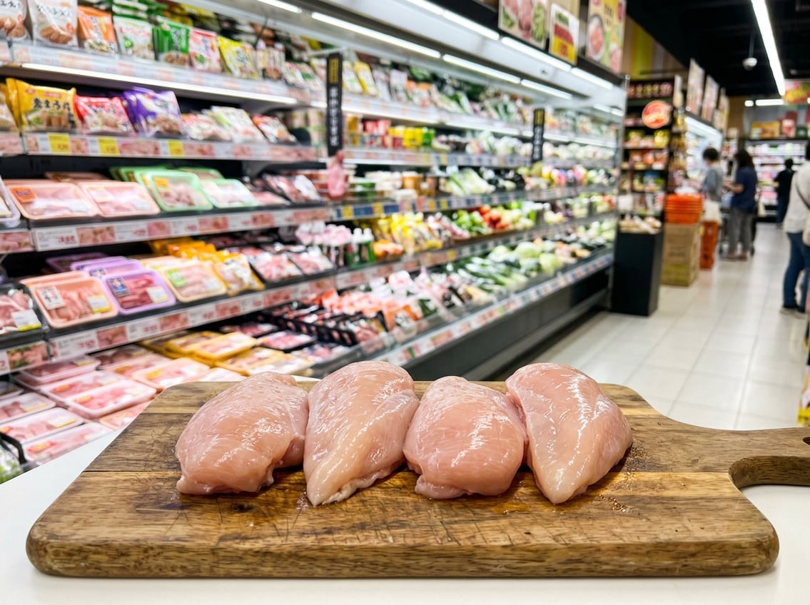 Fresh raw chicken breasts displayed on a wooden cutting board in a bright supermarket with shelves of groceries in the background.