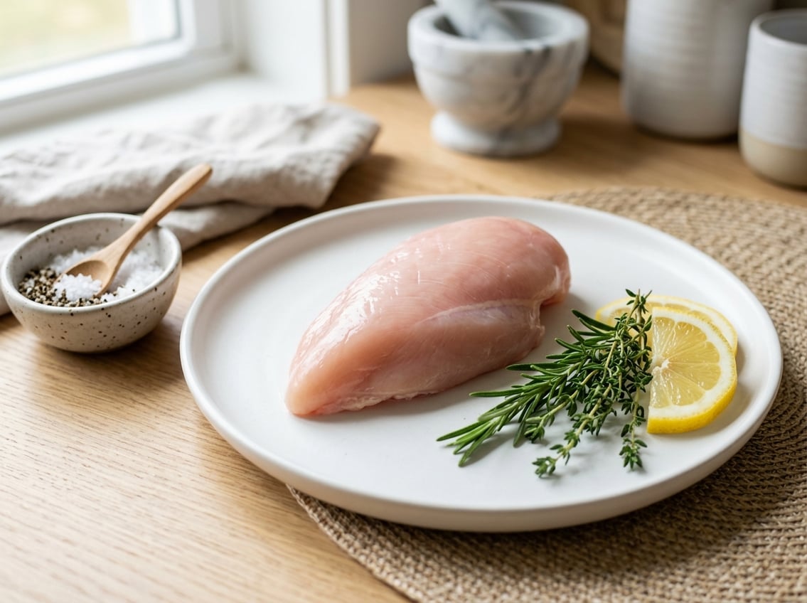 A close-up of fresh raw chicken breast pieces on a white plate with herbs and lemon slices around them.