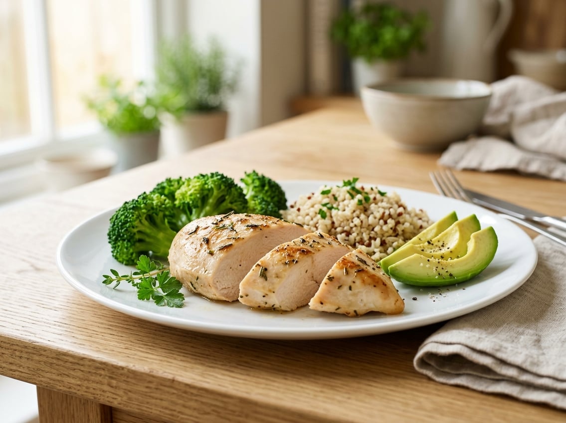 A plate with a cooked chicken breast served alongside broccoli, quinoa, and avocado slices.