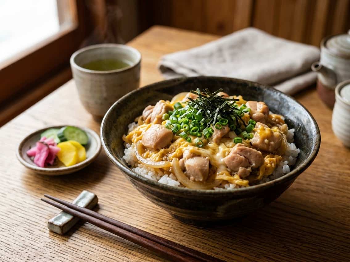A bowl of oyakodon with chicken breast, cooked eggs, and onions served over rice on a wooden table with chopsticks and a cup of green tea.