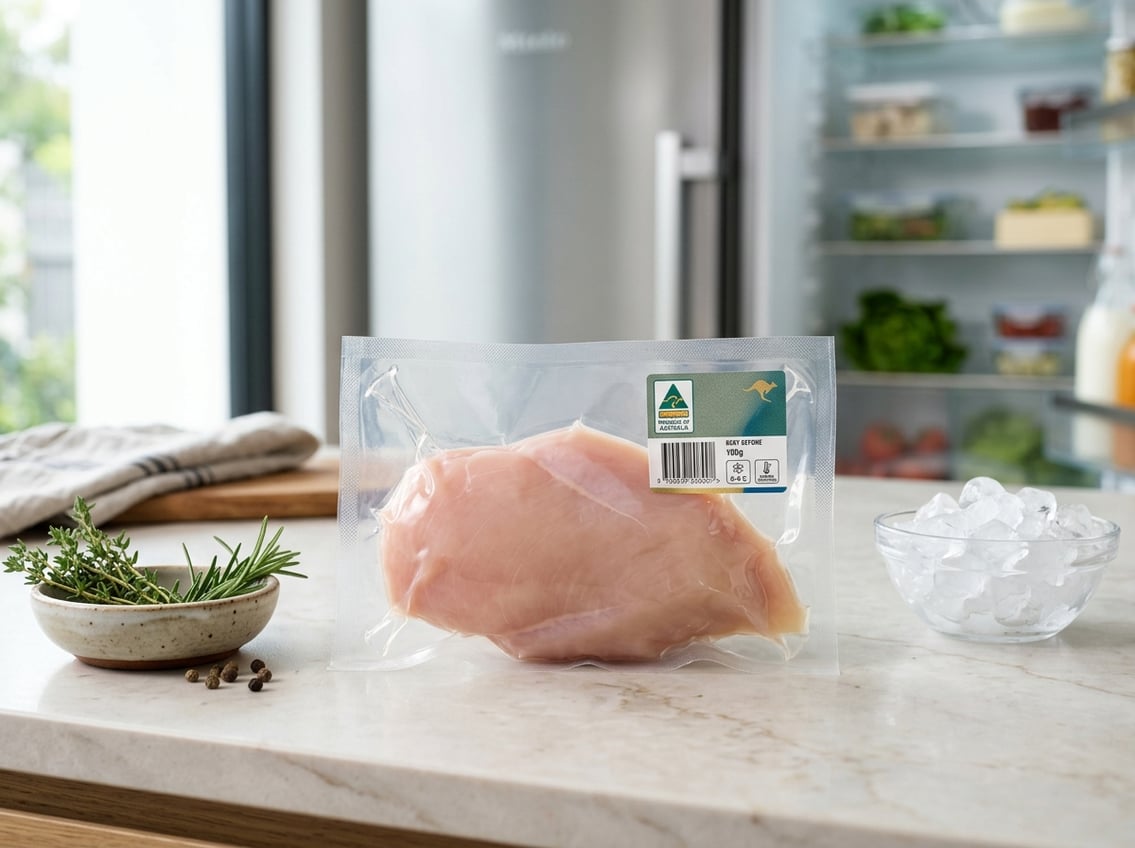 Close-up of fresh chicken breast portion on a kitchen counter with herbs and ice, suggesting careful sourcing and storage.