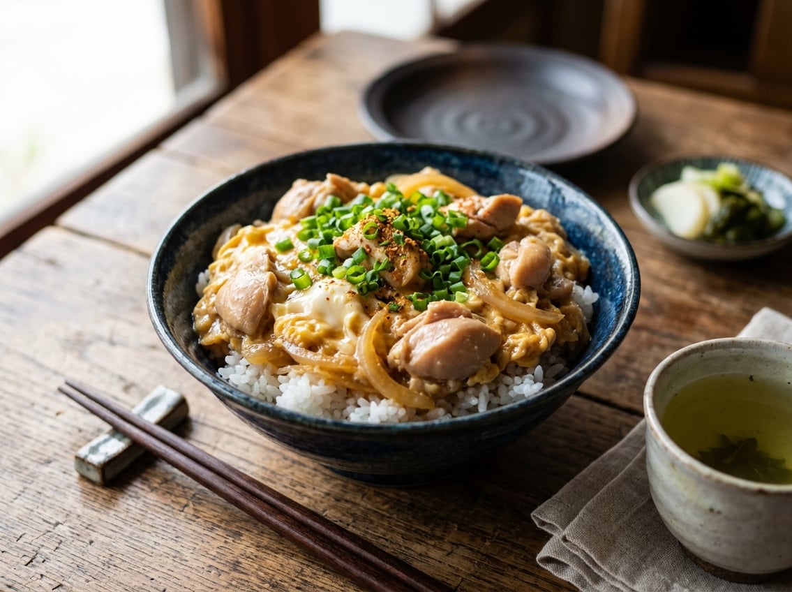 A bowl of oyakodon with chicken breast, scrambled eggs, and green onions served over rice on a wooden table with chopsticks and a cup of green tea.