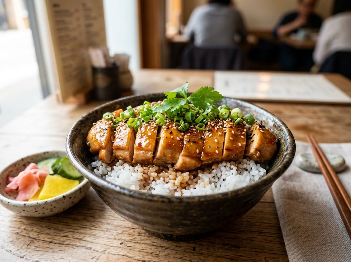 A bowl of sliced chicken breast served over white rice with green onion garnish and sesame seeds, accompanied by pickled vegetables on a wooden table.