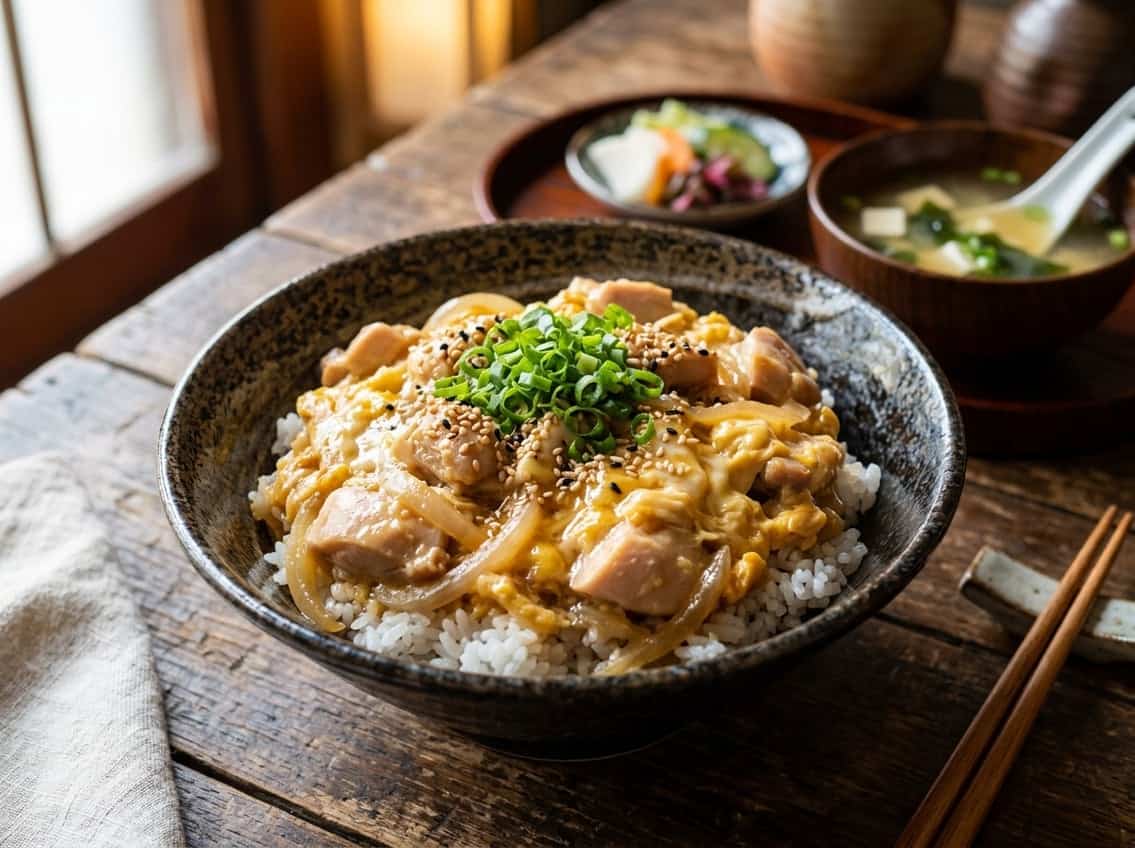 A bowl of oyakodon with chicken breast, eggs, and rice, garnished with green onions, on a wooden table with small side dishes in the background.
