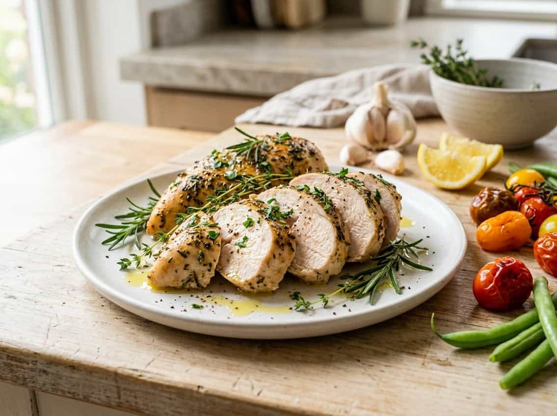A sliced cooked chicken breast on a plate garnished with herbs and surrounded by fresh vegetables and lemon wedges on a kitchen countertop.