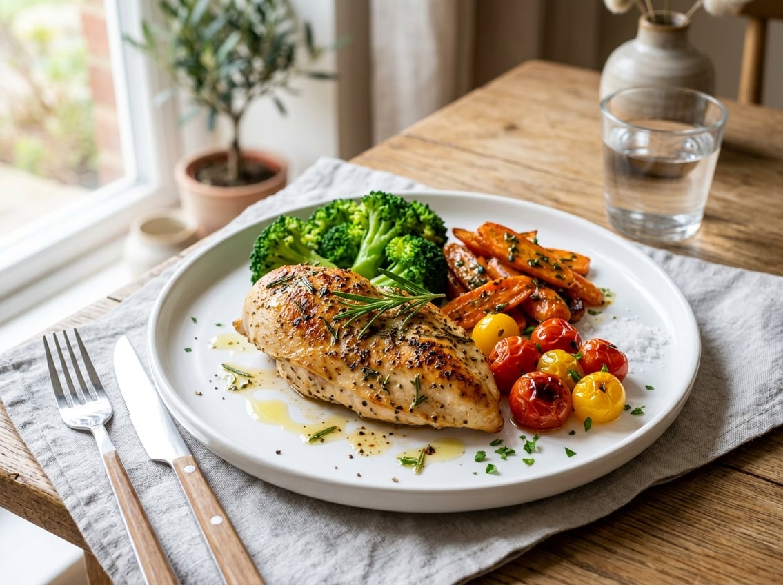 A plated chicken breast dinner with vegetables on a dining table.
