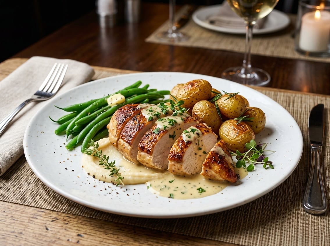 A plated chicken breast with sauce, green beans, and roasted potatoes on a white plate.