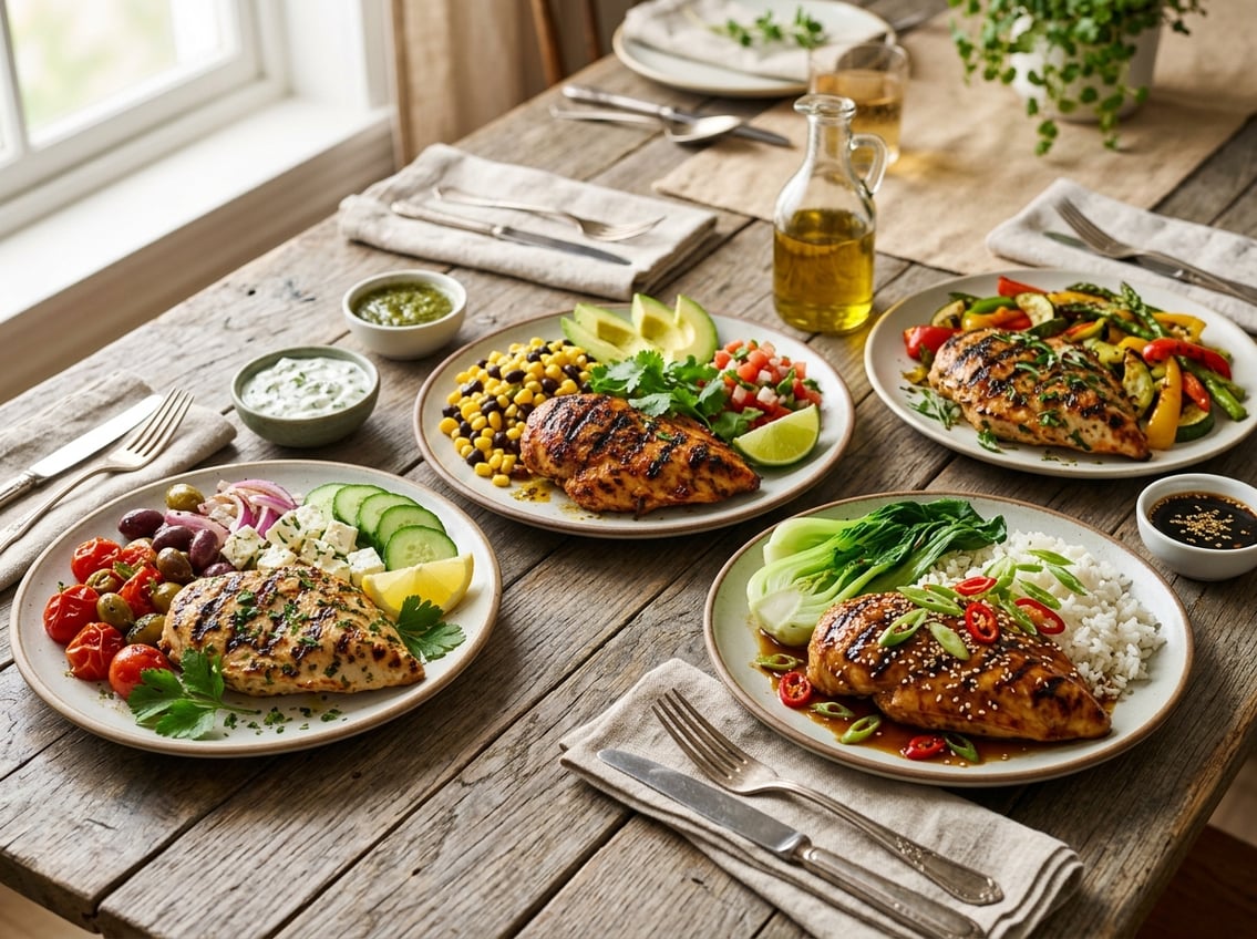Several plates of grilled chicken breast dishes with different seasonings and garnishes arranged on a wooden table.