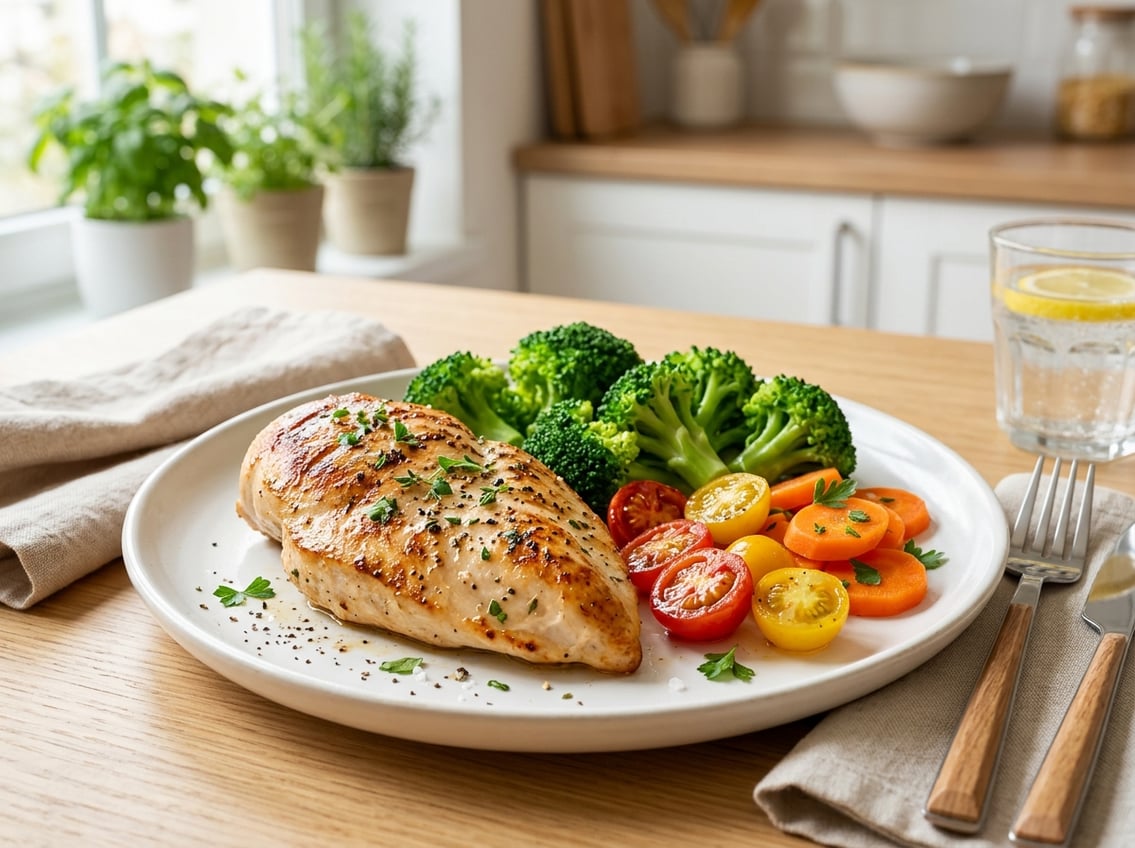 A cooked chicken breast on a white plate with fresh vegetables on a table.