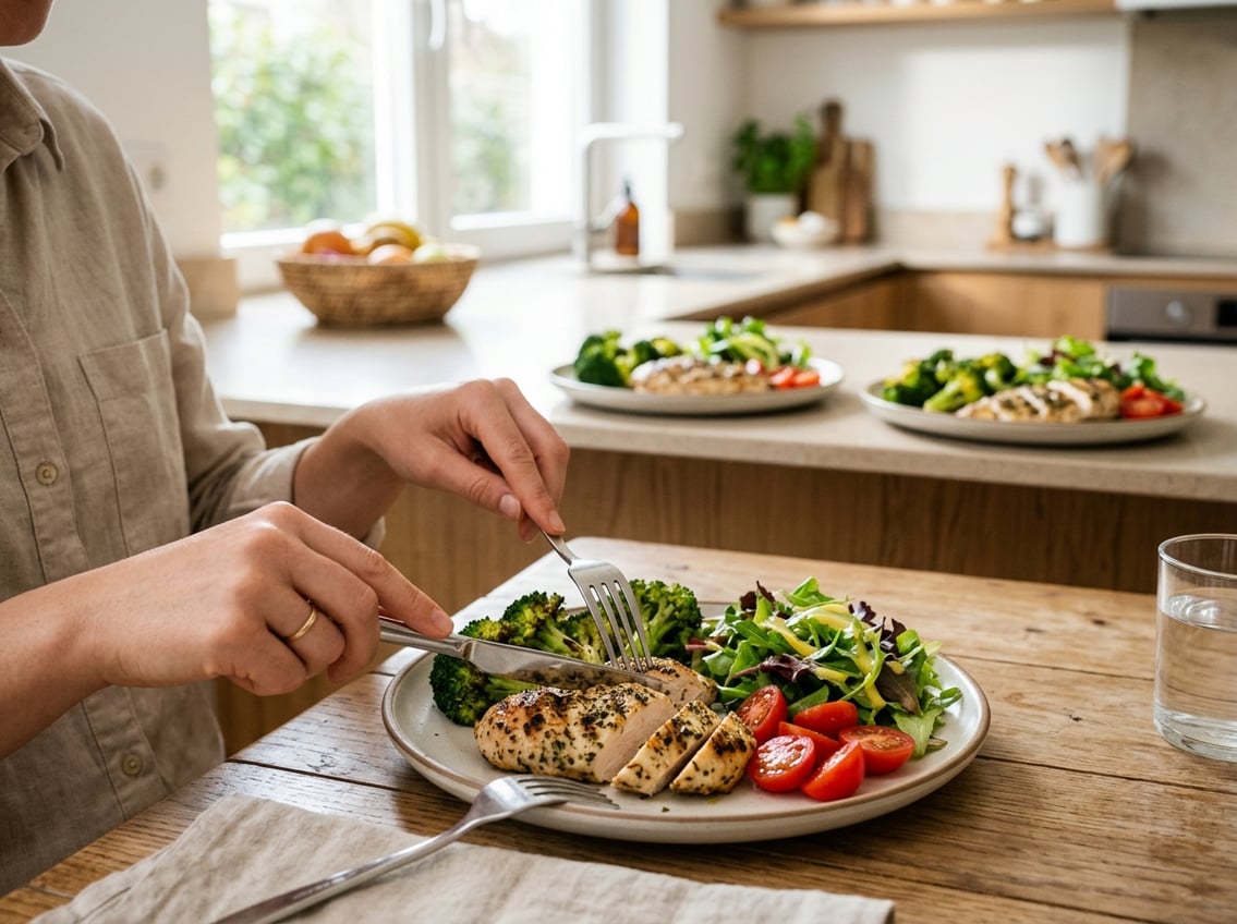 A plate of grilled chicken breast with fresh vegetables on a kitchen counter, with a person about to eat.