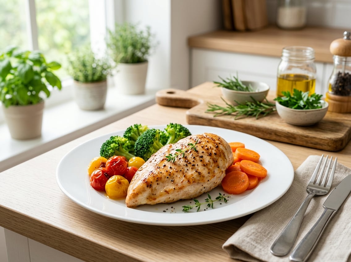 A plate with a cooked chicken breast surrounded by fresh vegetables on a kitchen table with natural light.