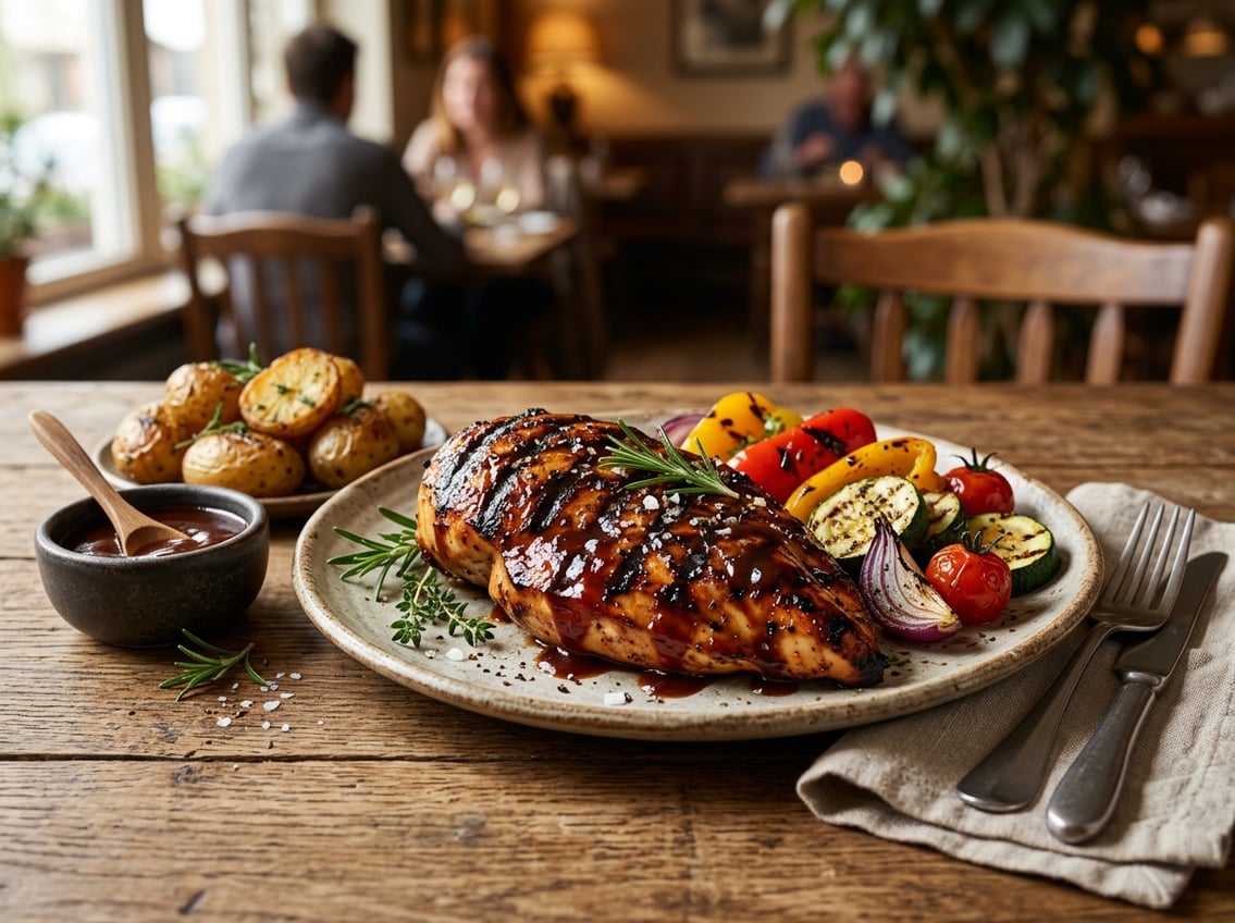 Grilled don carbon chicken breast served with vegetables and herbs on a wooden table.
