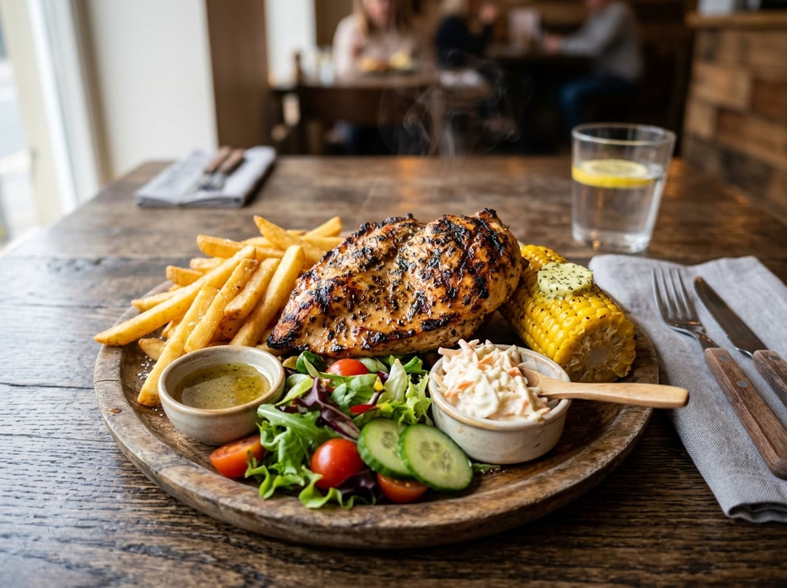 Grilled chicken breast served with crispy fries, fresh salad, coleslaw, and corn on the cob on a wooden plate.