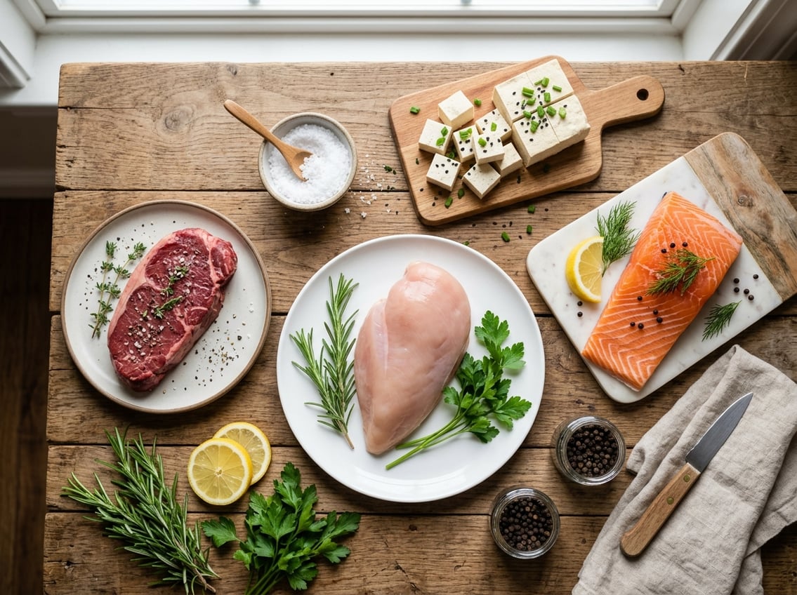 A wooden table with a white plate of raw chicken breast surrounded by salmon, beef, tofu, herbs, and lemon slices.