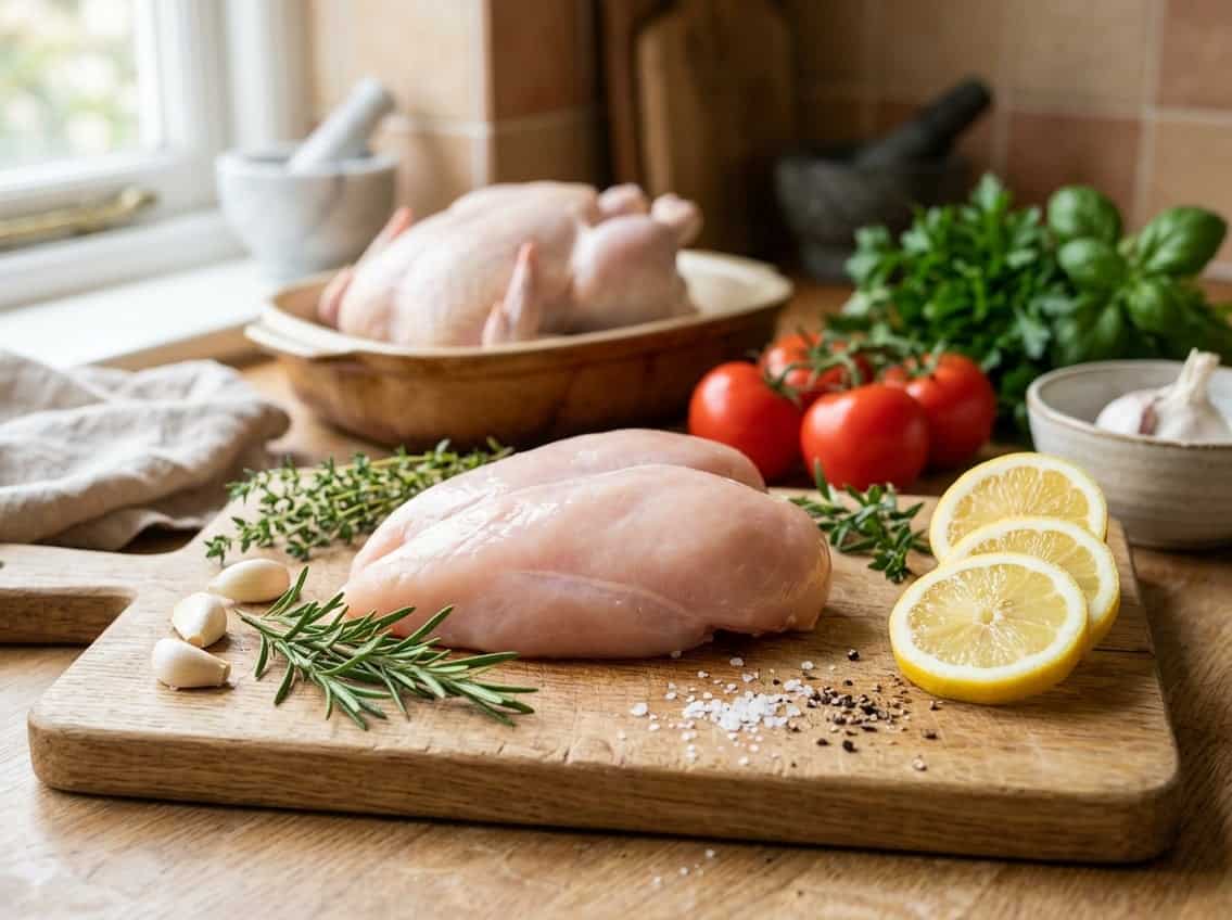 A raw chicken breast on a wooden cutting board with herbs and vegetables in the background.
