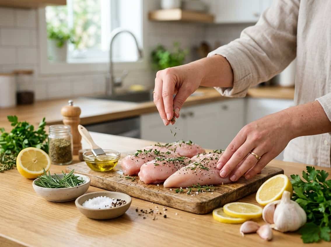 Hands seasoning raw chicken breasts on a kitchen countertop with herbs and spices nearby.