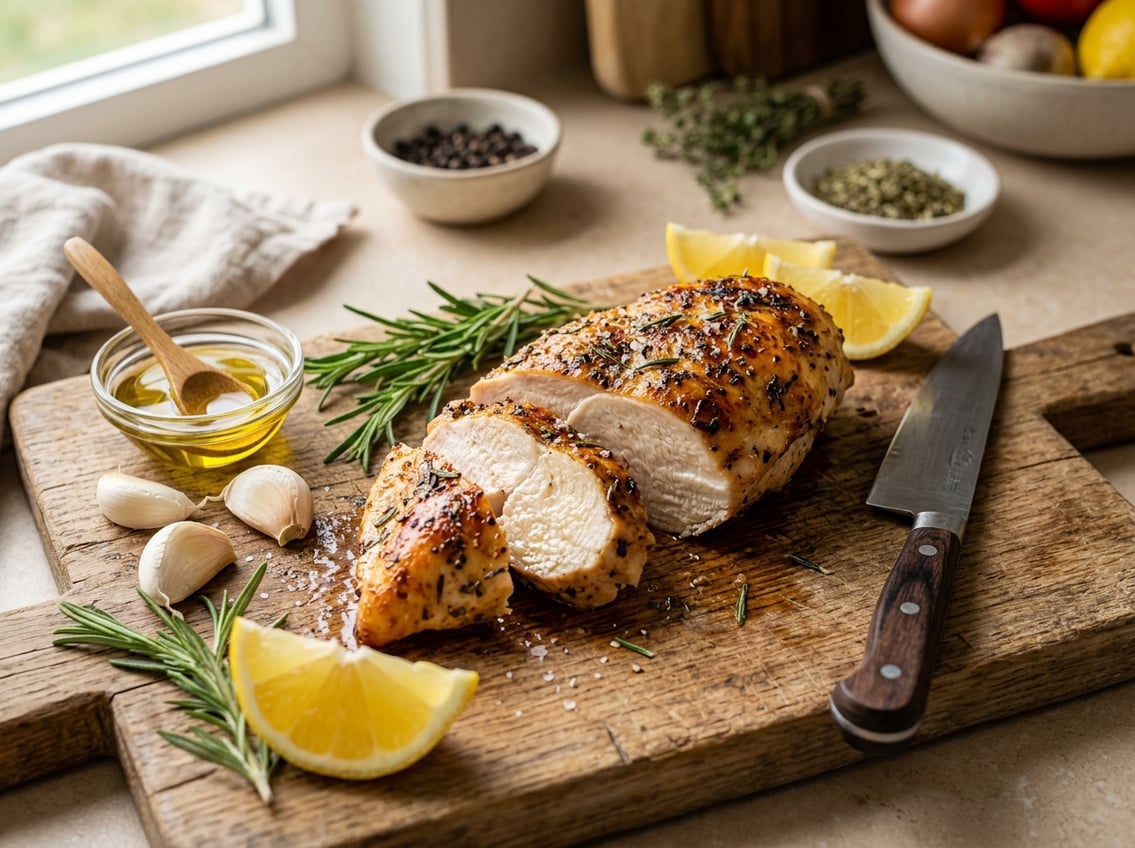 A sliced, juicy cooked chicken breast on a wooden cutting board surrounded by garlic, rosemary, lemon wedges, and olive oil.