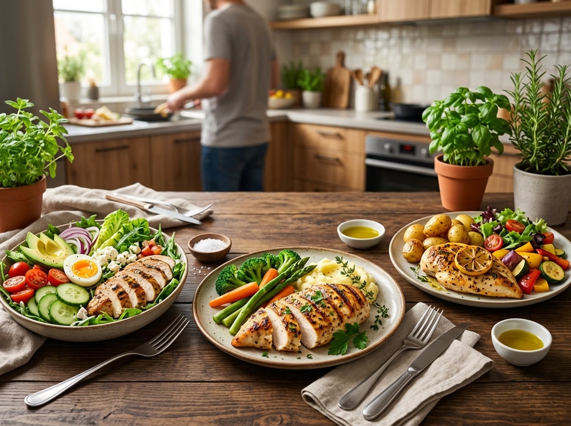 A plate with grilled chicken breast served alongside steamed vegetables, roasted potatoes, and a fresh salad on a dining table.