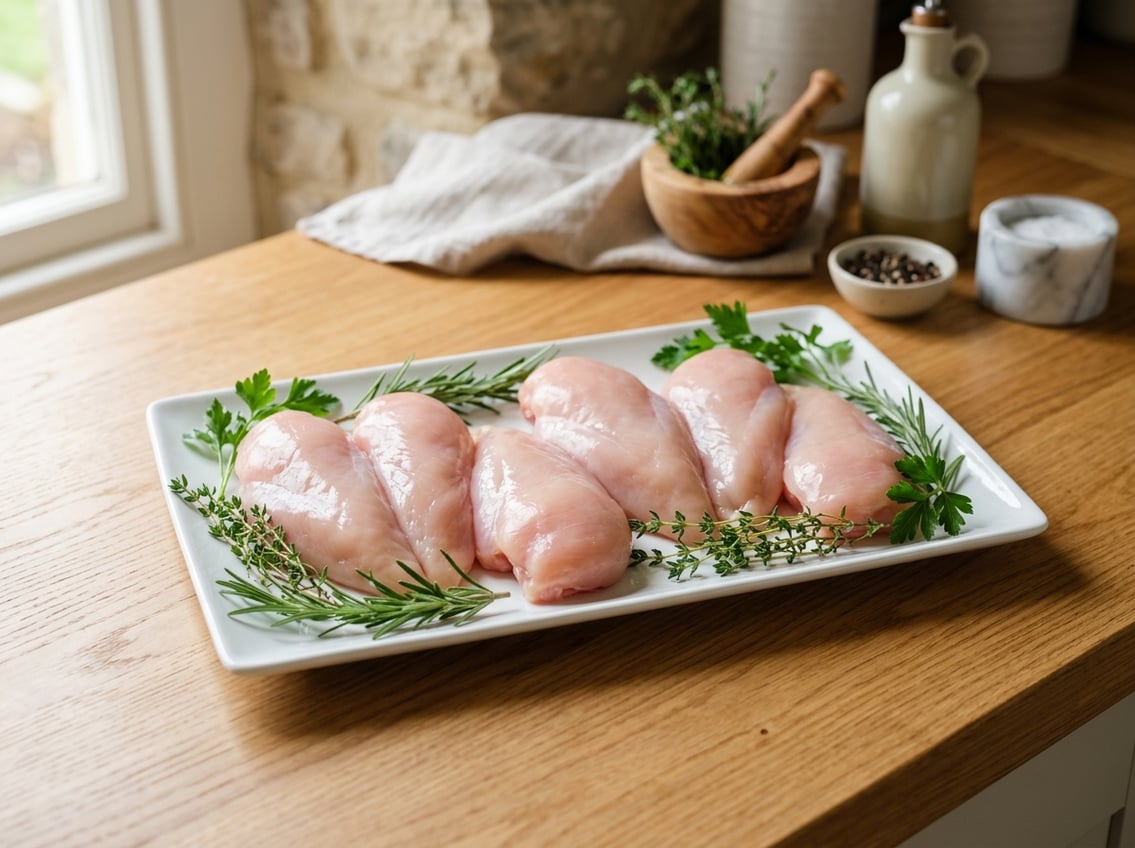 A platter of raw chicken breasts garnished with fresh herbs on a wooden countertop.