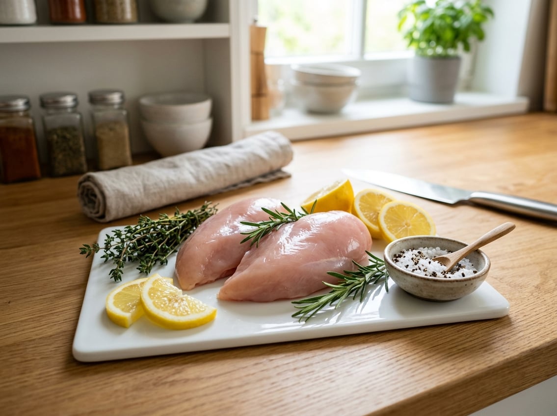 Fresh raw chicken breasts on a cutting board with herbs, lemon slices, and seasonings in a kitchen setting.