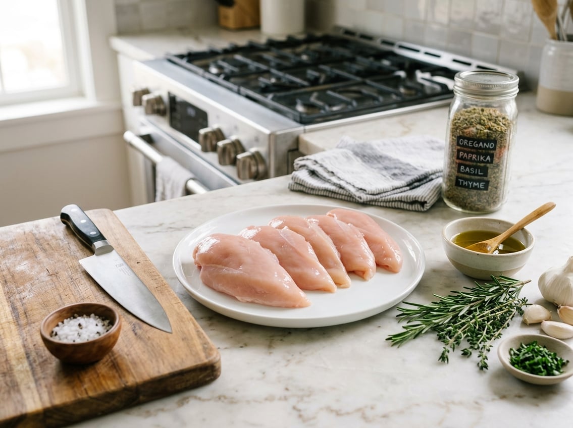 Fresh raw chicken breasts on a white plate surrounded by herbs, garlic, olive oil, and kitchen utensils on a countertop.
