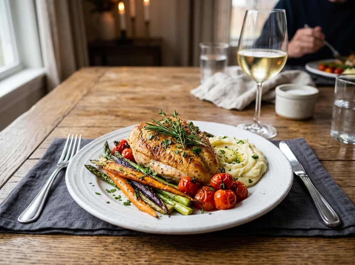 A plated chicken breast dinner with roasted vegetables and mashed potatoes on a wooden table.