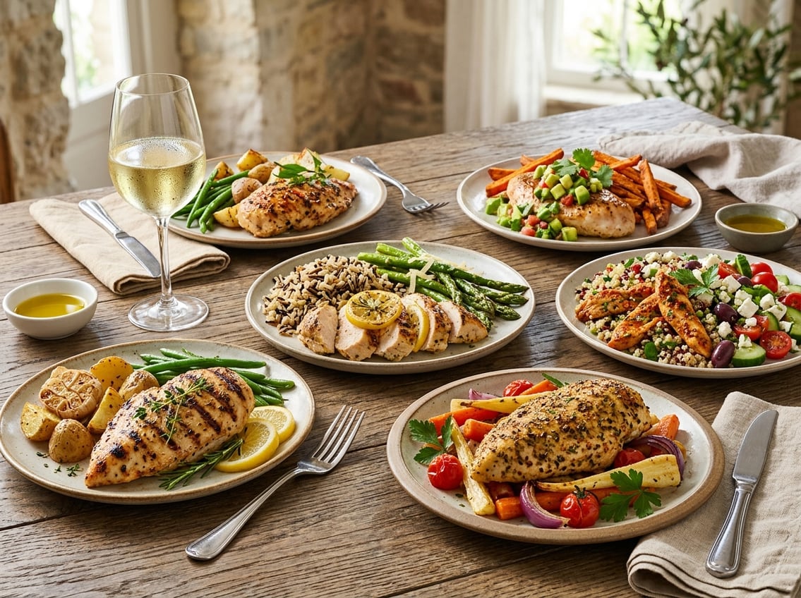 A table with several plates of cooked chicken breast dinners accompanied by vegetables and side dishes.