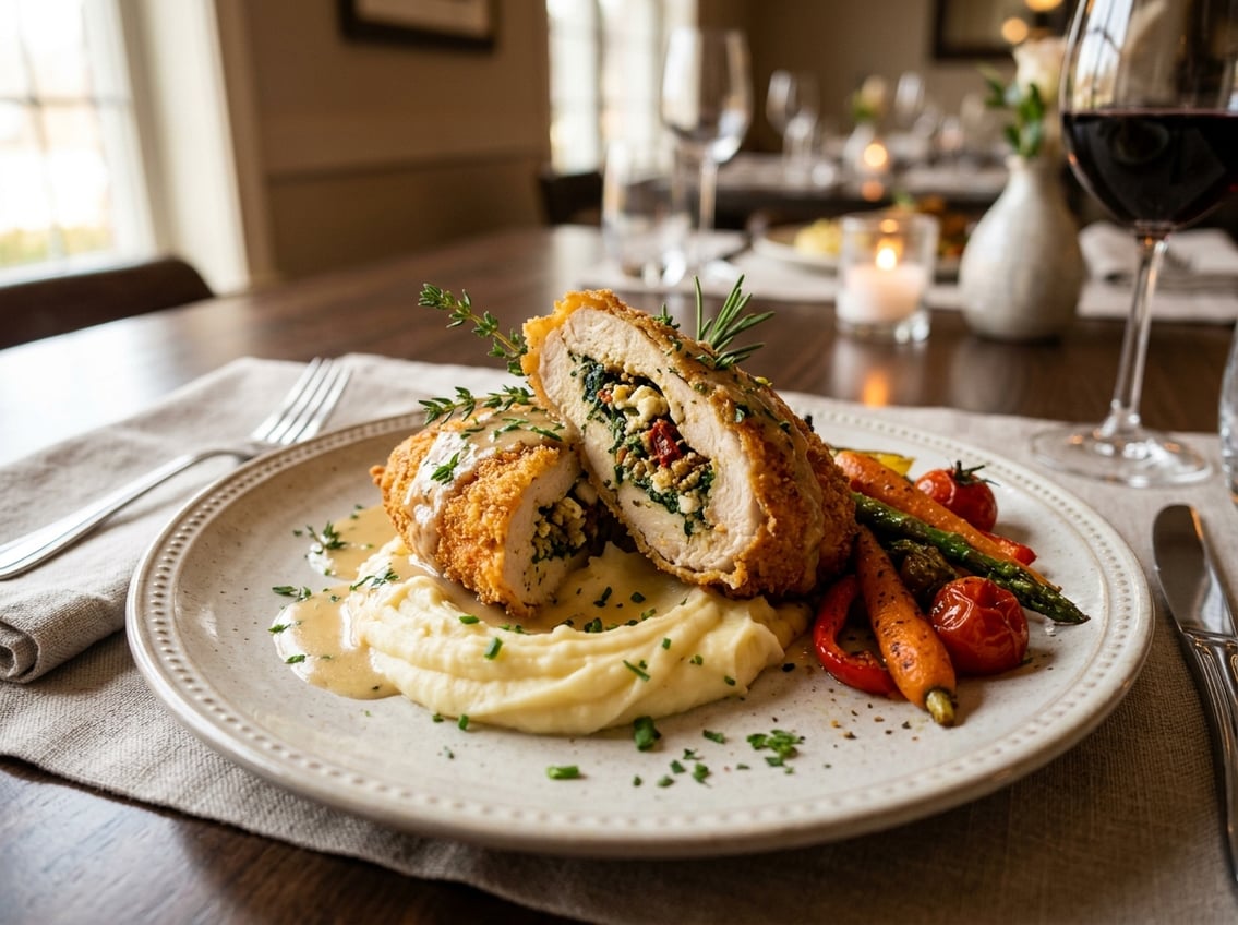 A plated breaded and stuffed chicken breast dinner with roasted vegetables and mashed potatoes on a dining table.