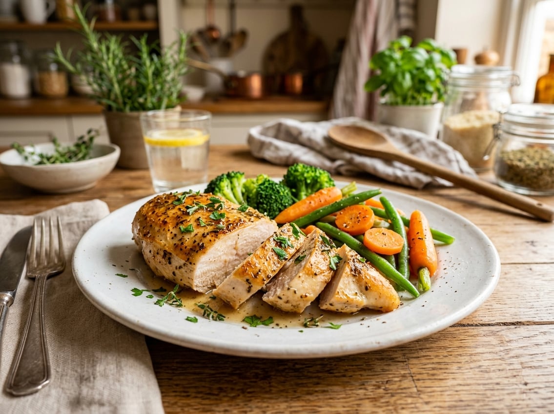 A plate with sliced cooked chicken breast and steamed vegetables on a wooden table in a kitchen setting.