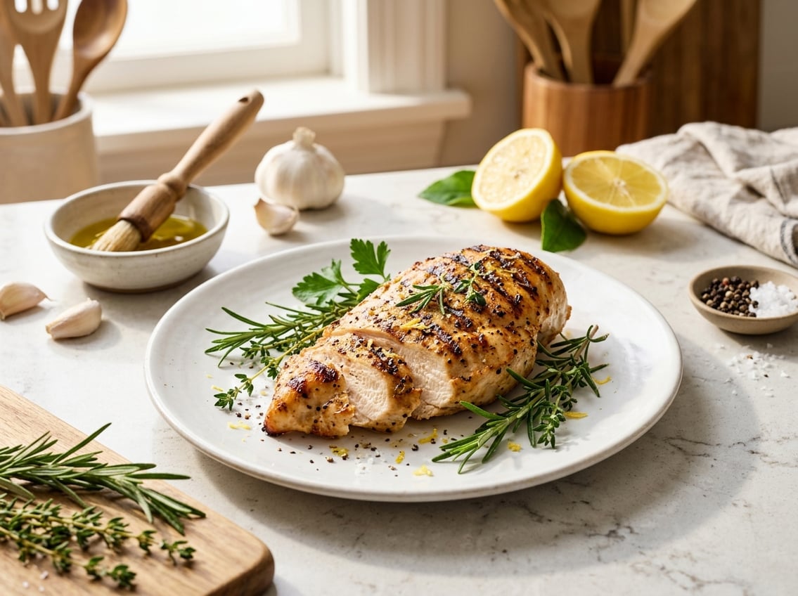 A cooked chicken breast with grill marks on a white plate garnished with fresh herbs, surrounded by garlic, lemon wedges, and olive oil on a kitchen countertop.
