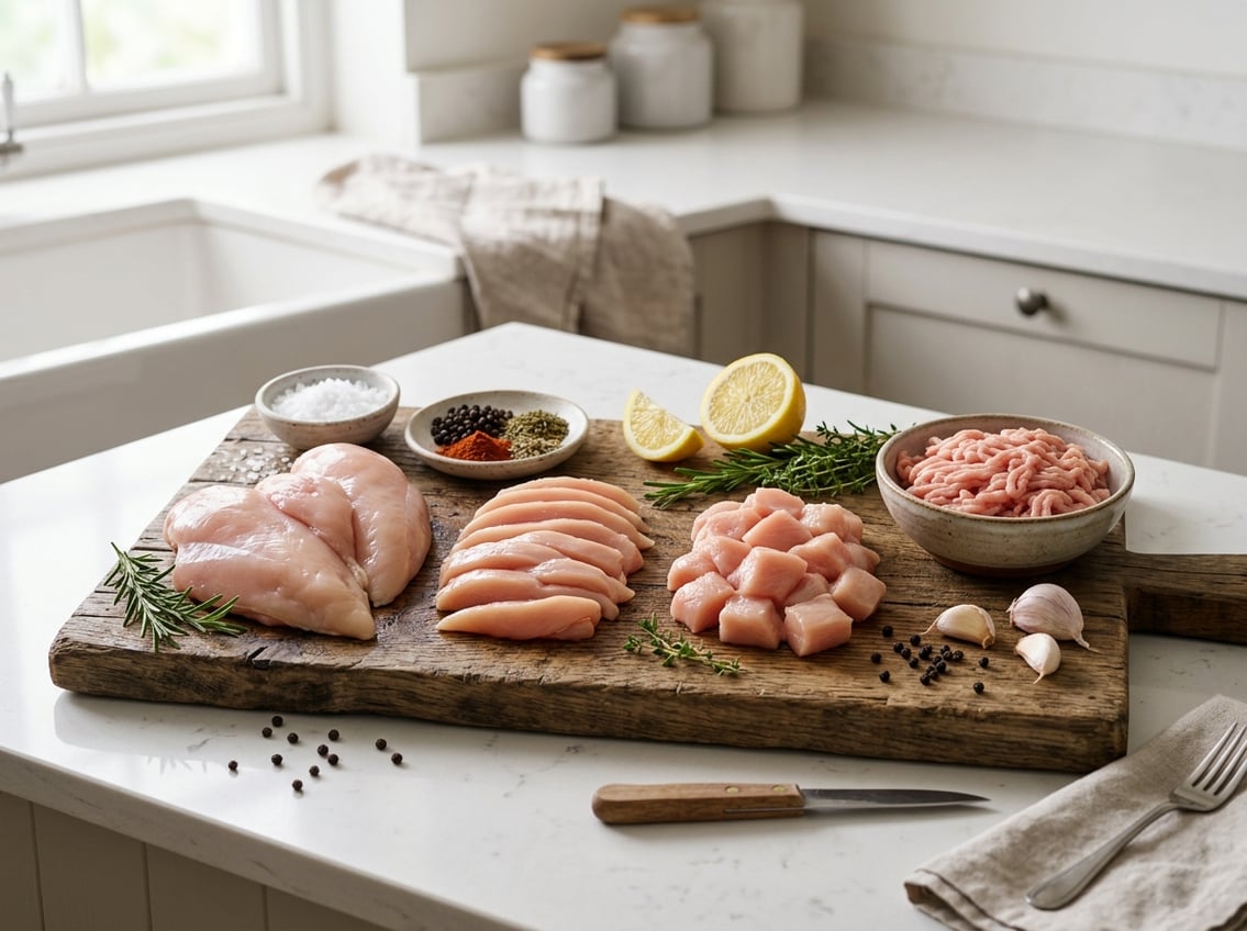 Different cuts of raw chicken breast displayed on a wooden board with herbs, garlic, lemon wedges, and spices on a kitchen countertop.